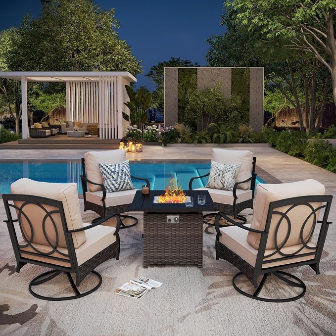 Patio Furniture Set with 32" Fire Pit Table, Patio Conversation Sets 4 Swivel Chairs with Thick Cushion and 50000 BTU Fire Pit Table (5 Pieces,Beige)