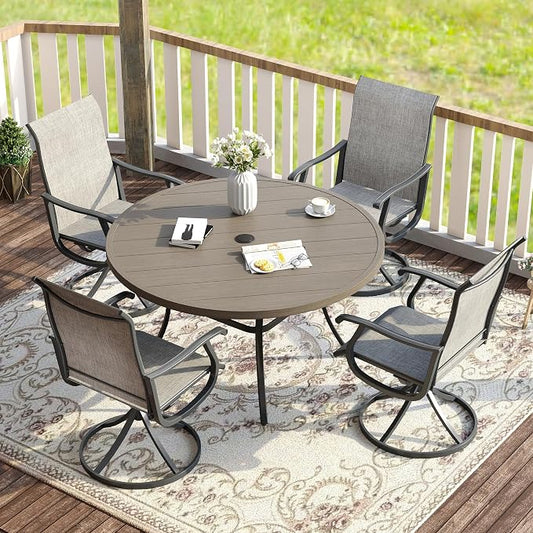 VICLLAX Patio Dining Set for 4, 5 Pieces Outdoor Furniture Includes 40.6" Round Patio Table with Umbrella Hole and 4 Outdoor Swivel Chairs for Lawn Garden, Grey Wood Grain Tabletop and Grey Fabric