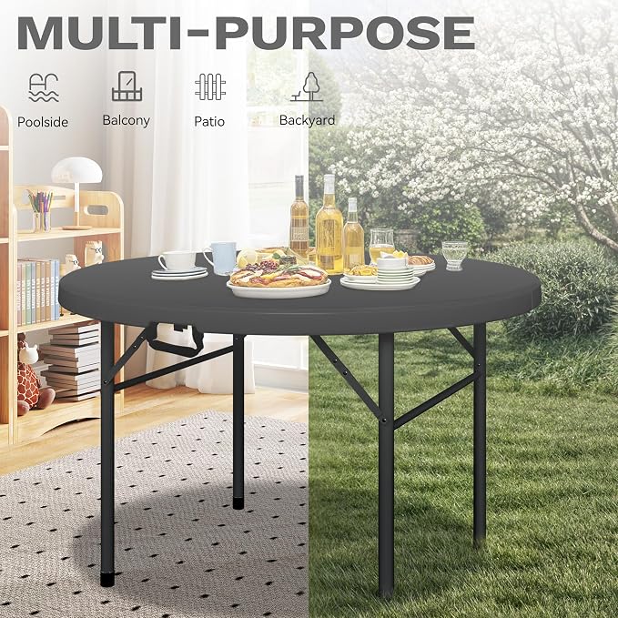 DWVO 48 Inch Folding Table for Outdoor/Indoor, Round Folding Table w/Sturdy Metal Frame, Lightweight Yet Thick Table Top Ideal for Patio Backyard Dining Room Events, Black