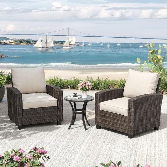 VICLLAX 3 Pieces Wicker Outdoor Furniture Set, PE Rattan Patio Conversation Set with 2 Single Chairs, Metal Side Table for Deck Porch Pool, Beige Cushion