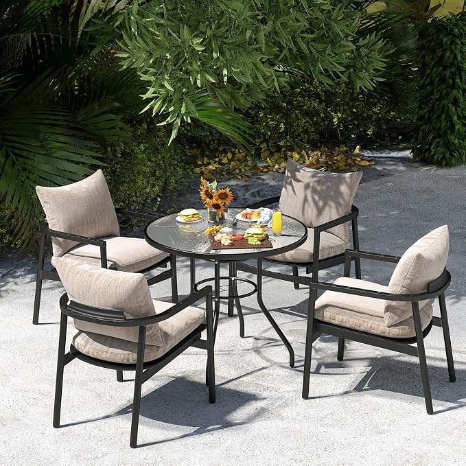 JINLLY 32 Inch Patio Table with Umbrella Hole, Round Glass Patio Table, Outdoor Bistro Dining Tables with Tempered Glass Tabletop and Metal Frame for Outside, Garden, Balcony