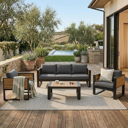 JIVOIT 4-Piece Outdoor Patio Furniture Set for 5 Person, Large Aluminum Frame Conversation Set with 3-Seater Sofa, 2 Armchairs with Fold-Out Side Tables, Modern Garden/Patio Seating, All-Weather Use
