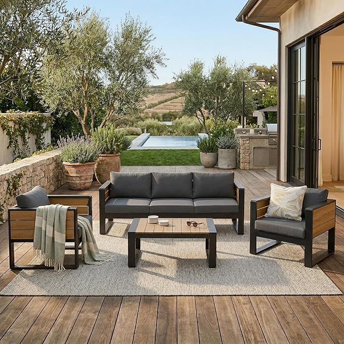 Merax Large 4-Piece Outdoor Patio Furniture Set for 5 Person, 3-Seater Sofa, 2 Armchairs with Fold-Out Side Tables, Aluminum Frame & Plastic-Wood, Modern Garden/Patio Seating, Grey Cushions