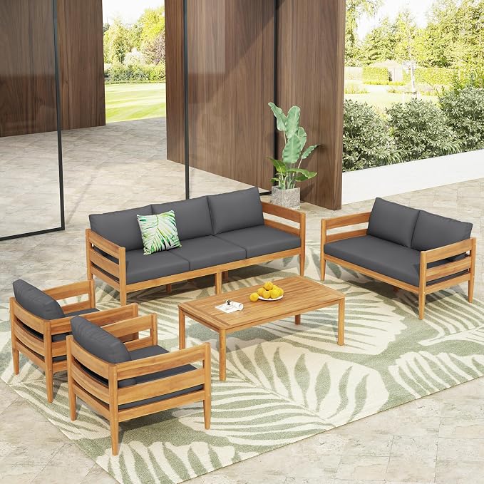 Christopher Knight Home 5-Piece Outdoor Patio Furniture Set, Acacia Wood Conversation Set with 3 Seater Sofa Loveseat Coffee Table and 2 Single Cushions Chairs, Slatted Backyard Seating Set, Dark Gray