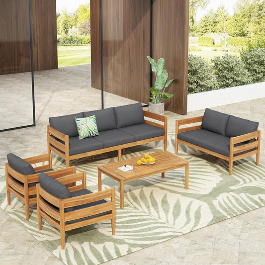 Christopher Knight Home 5-Piece Outdoor Patio Furniture Set, Acacia Wood Conversation Set with 3 Seater Sofa Loveseat Coffee Table and 2 Single Cushions Chairs, Slatted Backyard Seating Set, Dark Gray