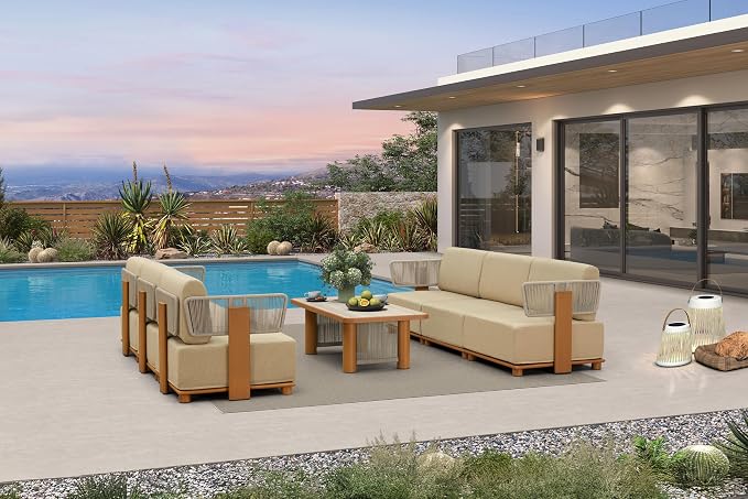 PURPLE LEAF Patio Furniture Set Modular Open-End Outdoor Sectional Sofa with 11" Thick Olefin Cushion 7-Piece Outdoor Conversation Set with White Lights & Table for Patio Backyard Poolside, Beige