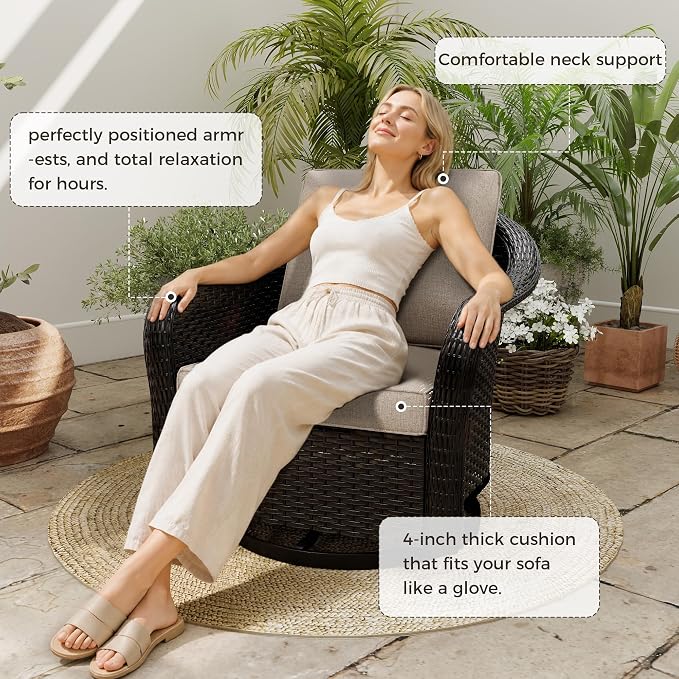 3-Piece Patio Conversation Set, 78 inch Wicker 2-Seater Sofa with Washable Cushions, 360° Swivel Glider Rocker Chairs, All Weather Rattan Outdoor Furniture for Backyard Garden Lawn, Beige