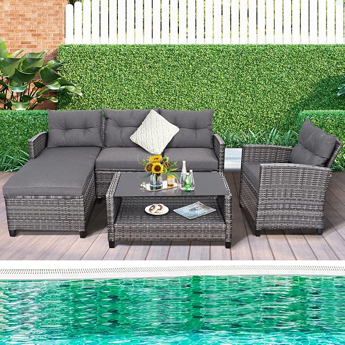 Tangkula 4 Pieces Rattan Conversation Set, Patiojoy Outdoor Furniture Set with Cushions, Lounge Sofa Set with Coffee Table, Patio Sectional Sofa Set for Patio Garden Poolside Backyard (Gray)