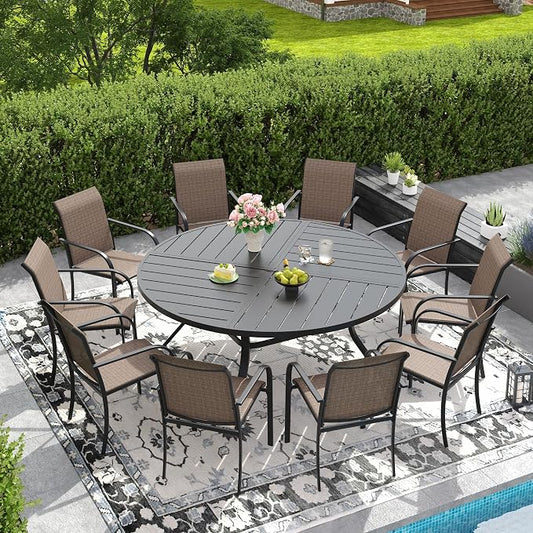DIFY Patio Dining Set for 10, 11 Piece Outdoor Table and Chairs Set, 59.8" Black Round Metal Patio Dining Table and 10 Brown Textilene Stackable Patio Chairs, for Backyard Garden Poolside