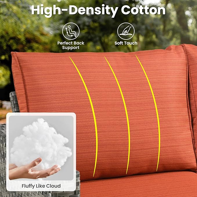 ovios 4 Pieces Patio Furniture Set, Outdoor Wicker Rattan Sofa Couch with Loveseat, Chairs, Glass Coffee Table, Conversation Sets for Yard Porch Garden, Orange Red