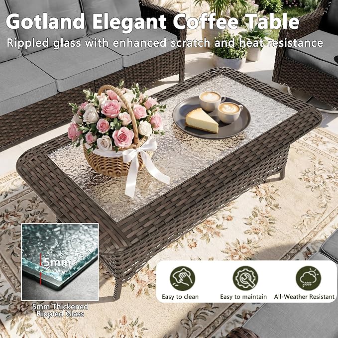 Gotland 7-Pcs Patio Conversation Set, Outdoor Thick Wicker Sectional Sofas with 2 Swivel Rocker Chairs, High Back Sectional Couch, Outdoor Furniture Set for Backyard, Deck, Porch, Grey