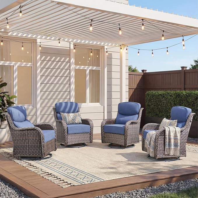 Luxury Outdoor Swivel Rocker Patio Chairs-4 Pieces High Back Swivel Rocker Patio Chairs with Thick Cushions All Weather Wicker Outdoor Furniture Set for Deck Porch Balcony(Brown/Blue)