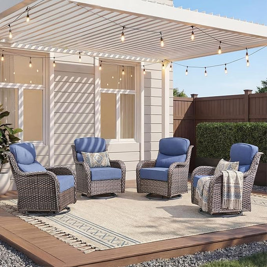 Luxury Outdoor Swivel Rocker Patio Chairs-4 Pieces High Back Swivel Rocker Patio Chairs with Thick Cushions All Weather Wicker Outdoor Furniture Set for Deck Porch Balcony(Brown/Blue)