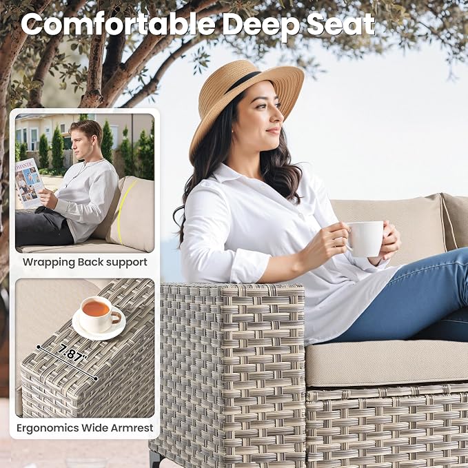 ovios 9-Piece Patio Furniture Set with L-Shape Sofa Chaise, Outdoor Sectional Couch Swivel Gliders Fire Pit Table, Modern Modular Wicker Rattan Conversation Set, Beige