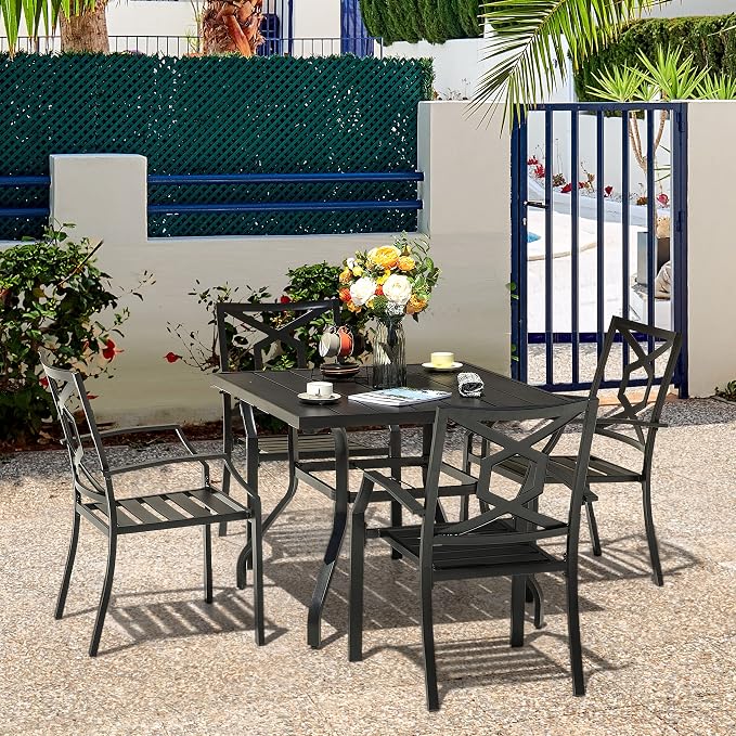 NUU GARDEN 5-Piece Outdoor Dining Set, Square Patio Table with Umbrella Hole and 4 Iron Dining Chairs, All-Weather Furniture for Garden Backyard Balcony, Black