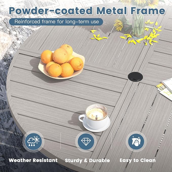 DIFY 11 Pieces Outdoor Patio Dining Set for 10, 63" Grey Wood-Like Round Metal Patio Table and 10 Sandshell Stackable Textilene Patio Chairs, Outdoor Table and Chairs for Backyard Garden Poolside