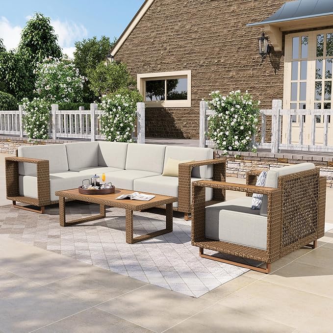 HERA'S HOUSE Patio Sectional Furniture Set with 10" Thick Cushions, Outdoor Modular Couch Sofa Set, 5 Seats Yellow Rattan Conversation Sets for Deck Yard Lawn