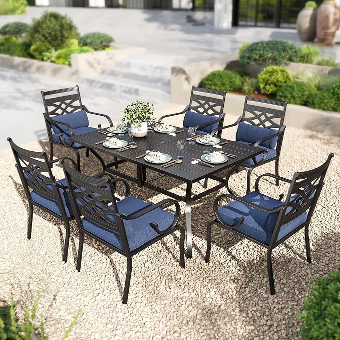PHI VILLA Patio Dining Set, Metal Table | Metal chairs, Blue Cushion, Umbrella Hole, Cushions, E-coated