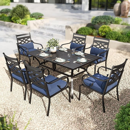 PHI VILLA Patio Dining Set, Metal Table | Metal chairs, Blue Cushion, Umbrella Hole, Cushions, E-coated