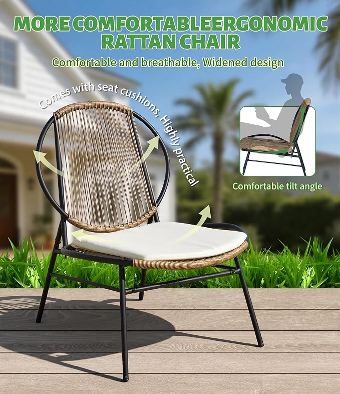 5-Piece Outdoor Patio Furniture Set, Wicker Sofa and Chairs with Cushions, PE Rattan All-Weather Conversation Set with Coffee Table for Backyard, Patio, Poolside, Garden, Deck Natural Wood