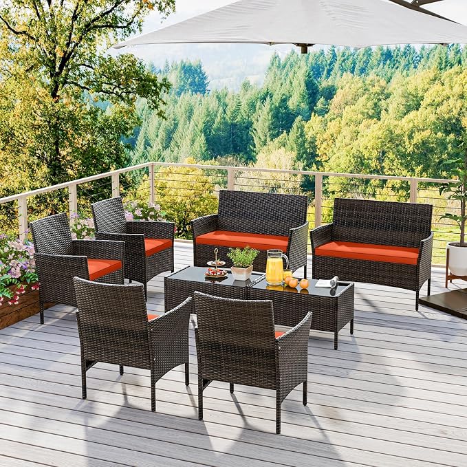 4 Piece Patio Furniture Set, Sectional Conversation Sofa Set with Glass Coffee Table, Cushions & Loveseat, Wicker Outdoor Table and Chairs for Pool, Garden, Deck, Backyard (2, Orange)