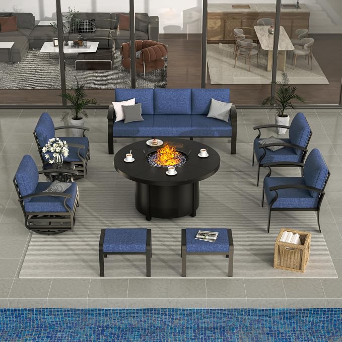ALAULM Aluminum Patio Furniture Set with Coffee Table Rectangular, 5-seat Outdoor Sectional Furniture w/2 Swivel Chairs, Patio Conversation Set for Porch, Backyard, Dark Blue