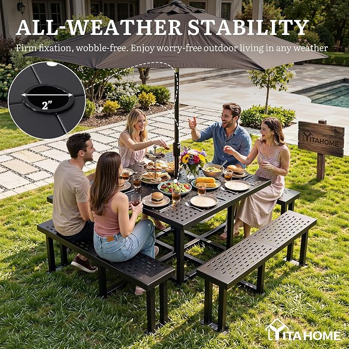 YITAHOME 38" Square Metal Picnic Table with Umbrella Hole, Q235 Carbon Steel Heavy Duty Outdoor Table for 4-8 People, Backyard Patio Set (Black)