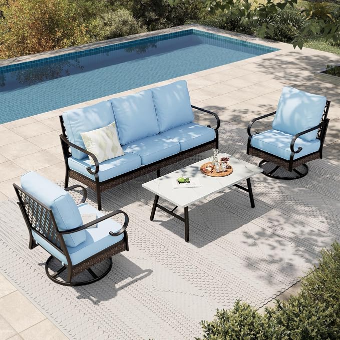 HERA'S HOUSE 4 Piece Metal Patio Furniture Set, All Weather Outdoor Conversation Set with 3 Seat Sofa, 2 Swivel Chairs & Coffee Table, Seats 5 for Backyard, Garden, Deck, Blue