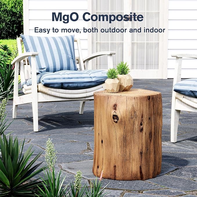 HOMPUS Concrete Outdoor Side Table Set of 2, 2 Piece Tree Stump Modern Round Coffee Table Accent Table Set Plant Stand Faux Wood End Table Garden Stool for Patio,Home Decor, Living Room, Oak
