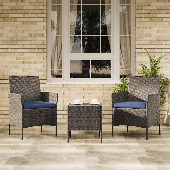 3-Piece Outdoor Patio Bistro Set – Brown Rattan Wicker, Blue Cushions, Tempered Glass Table – Space-Saving for Balcony, Yard, Porch – Brown Gradient Four-Line Rattan + Blue Cushion