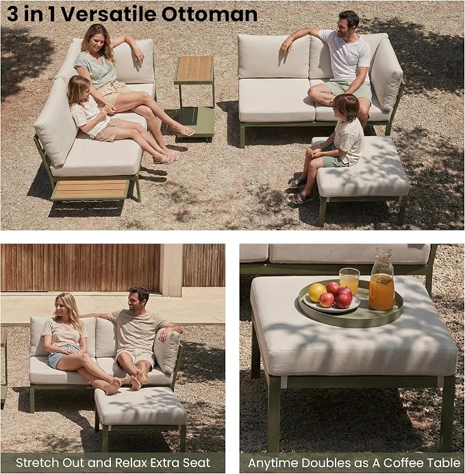 4 Piece Patio Sectional Sofa Set, Patio Furniture Set with Cushions, Outdoor Furniture Conversation Set for 5, Modern Modular Patio Couch with Side Table/Pullout Tray for Deck/Pool, Beige