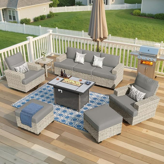 Weaxty 9 Pieces Wide Seats Outdoor Furniture Set, Sectional Couch Swivel Rocking Chair Ottoman Fire Pit Table, Thick Cushion All-Weather Rattan Patio Conversation Sets for Backyard Deck, Dark Gray