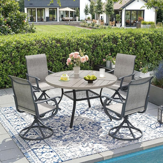 DIFY 5 Pieces Outdoor Patio Dining Set, 4 Grey Textilene Swivel Dining Chairs and 40.6" Grey Wood-Like Round Metal Dining Table, Outdoor Table and Chairs