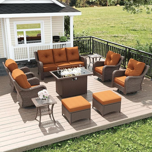 LayinSun 10 Piece Wicker Outdoor Furniture Set with 6-inch Comfy Cushions, High Back Patio Furniture Set with Swivel Rocking Chairs and Fire Pit Table