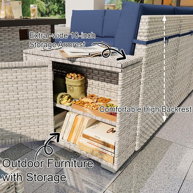7 Pieces Patio Conversation Set, Rattan Furniture Set with Wide Armrests and Coffee Table, Outdoor Modular Sectional Couch Wicker Sofa with Fire Pit for Garden Backyard Porch Deck (Blue Cushions)