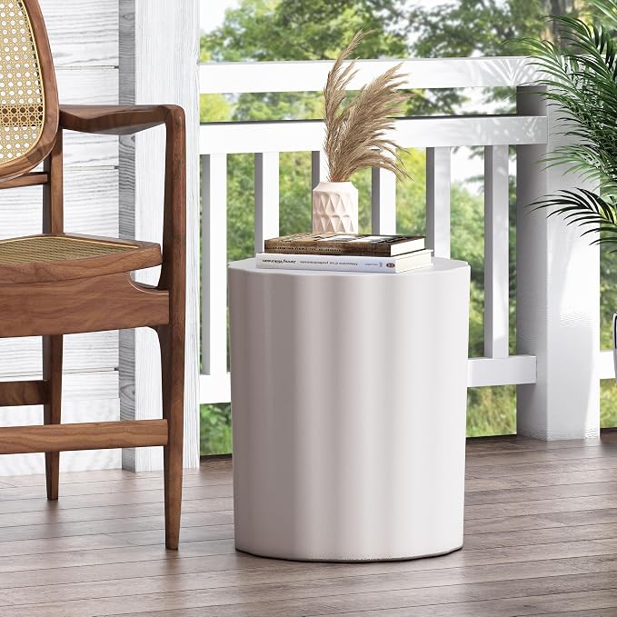 Concrete Side Table Outdoor Faux Stone End Table, Round Outdoor Accent Tables Patio Garden Stool Plant Stand for Porch, Backyard Patio Cylinder, White-Stripe