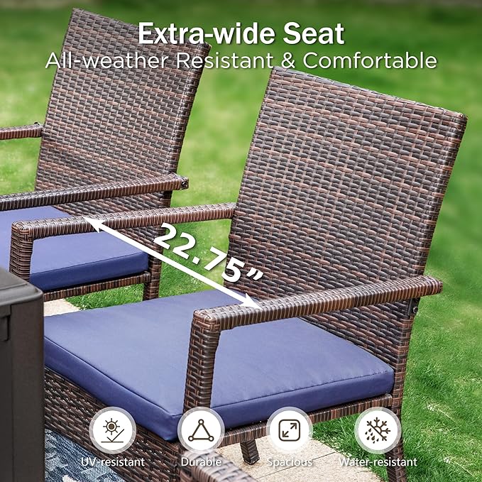 PHI VILLA 5pc Patio Dining Set with Umbrella, Round Table, Rattan Chairs | Includes 42" Round Metal Table, 4 Cushioned Rattan Chairs and 10ft Red umbrella. Perfect for patio, deck, yard, or porch