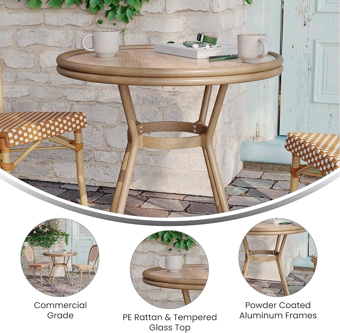 EMMA + OLIVER Colmar Indoor/Outdoor Bistro Table - Natural & White Woven PE Rattan Pattern - Tempered Glass Top - Light Bamboo Finish Metal Frame - 31.5 in.