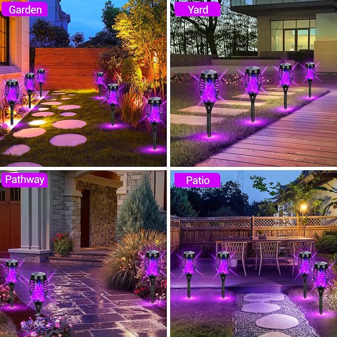 Purple Halloween Solar Lights Outdoor with Flickering Flame, 10 Pack | Halloween Decorations Solar Torch Lights, Waterproof Solar Halloween Lights Tiki Torches for Outside Patio Pathway Yard Decor