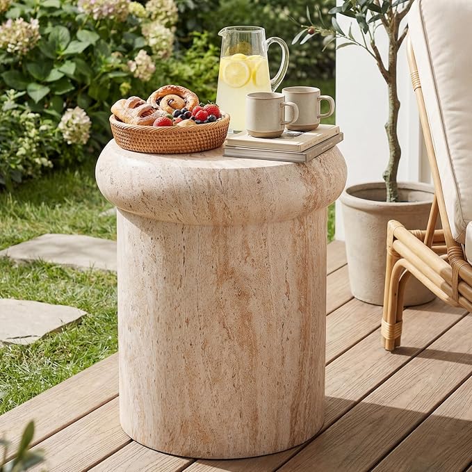 Christopher Knight Home 18.11 Inch Sculptural MGO Side Table Modern Round End Table Faux Travertine Indoor Outdoor Pedestal Accent Table