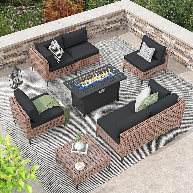 8-Piece Wicker Patio Furniture Set with Propane Fire Pit Table, Natural PE Rattan Outdoor Sectional Sofa with Water-Resistant Cushions, Wind Guard and Cover for Backyard Lounge Area(Black)