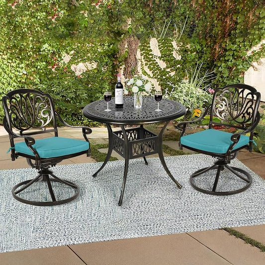 3-Piece Outdoor Patio Dining Set, All-Weather Cast Aluminum Patio Furniture Set for Backyard Garden Deck with 2 Swivel Cushioned Chairs and 35.4” Round Table, 2" Umbrella Hole, Ocean Blue