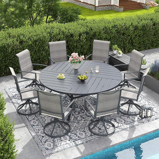 DIFY 9 Piece Outdoor Dining Set, Metal Patio Table and Chairs Set, 63" Round Dining Table & 8 Padded Textilene Swivel Patio Chairs, Outdoor Furniture Set for Garden Backyard Porch, Grey
