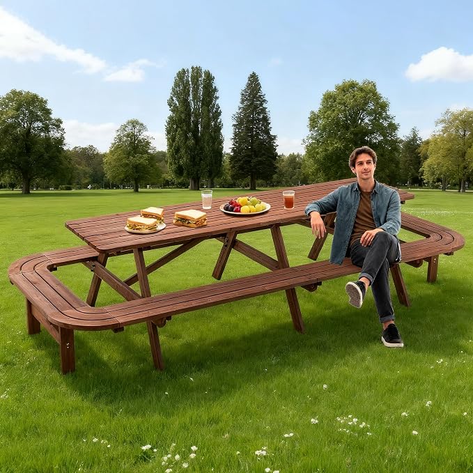 Hohuqeri Wood Picnic Table, 94.5" Tabletop with Umbrella Hole, 16 Person Outdoor Wooden Picnic Table Bench Set for Patio, BBQ, Dining, Brown