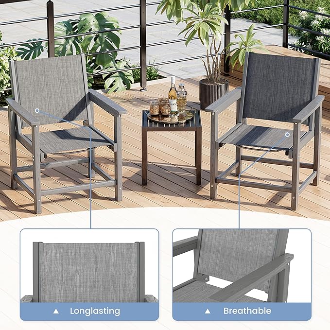 Amopatio HDPE Patio Dining Chair Set of 2 with Armrests - Textilene Outdoor Chair with Wide Seat for Poolside, All Weather UV Resistant Heavy Duty Patio Chair for Backyard Balcony & Deck(Gray)