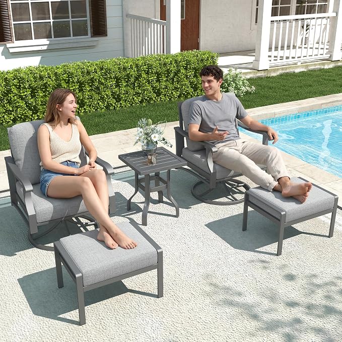 Outdoor Swivel Rocker Chairs w/2 Ottomans, Coffee Table, 5 Piece Metal Patio Conversation Bistro Set with 5" Thickened Cushions, Aluminum Frame for Porch, Yard, Balcony, Gray