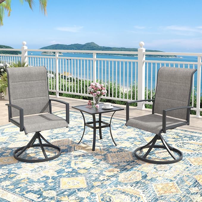 Outdoor Dining Set for 2, 18.1" Metal Square Outdoor Side Table and Padded Textilene Patio Swivel Chairs, 3 Pieces Patio Side Table and Chairs Set for Garden Backyard, Grey and Black