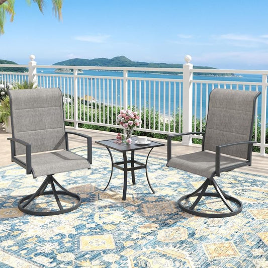Outdoor Dining Set for 2, 18.1" Metal Square Outdoor Side Table and Padded Textilene Patio Swivel Chairs, 3 Pieces Patio Side Table and Chairs Set for Garden Backyard, Grey and Black