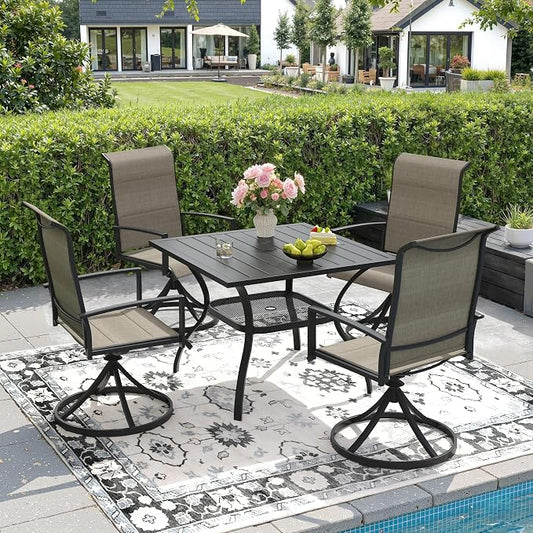DIFY 5 Piece Outdoor Patio Dining Set for 4, 37.8" Black Square Metal Dining Table and Swivel Patio Chairs with Brown Padded Textilene, All-Weather Outdoor Furniture Set for Garden Backyard Porch