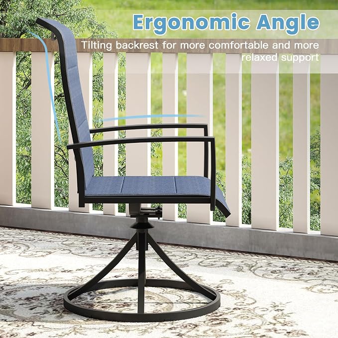 DIFY 3 Piece Outdoor Dining Set for 2, Patio Furniture Set with Padded Textilene Swivel Patio Chairs and 27.6" Small Square Metal Dining Table, Blue Fabric & Black Tabletop